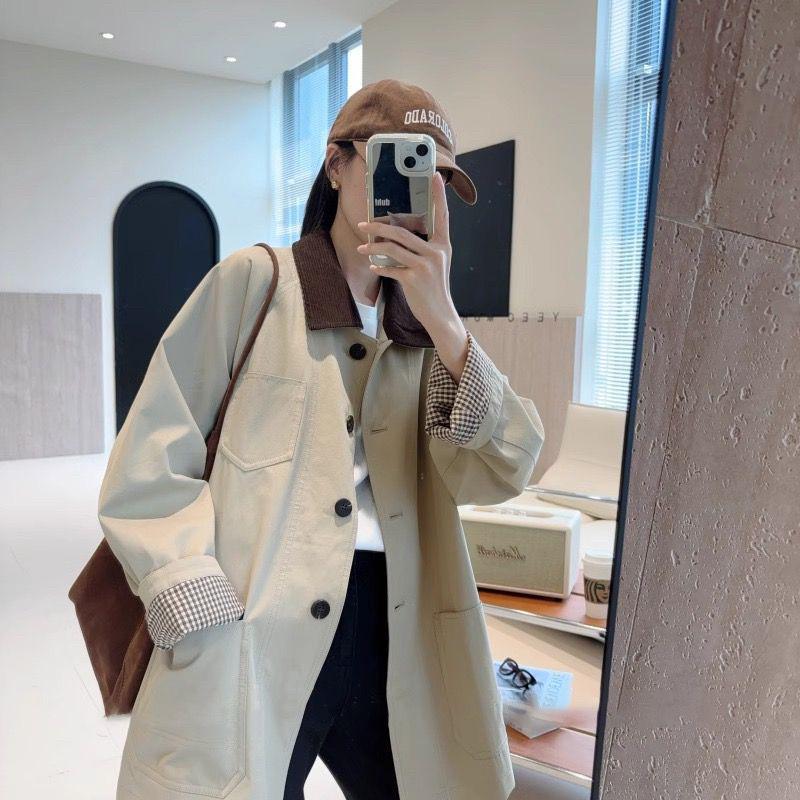 

Женский маленький плащ средней длины в стиле кэжуал, цвета хаки, с цветовыми блоками – Весна/Осень S (90-105 kg)