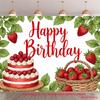 2D Strawberry Themed Happy Birthday Backdrop Cake & Berry Party Photo Booth Background
