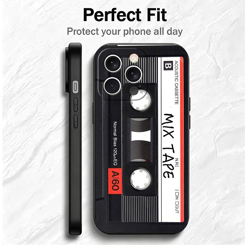 Vintage 90S Cassette Tape Pattern Soft Phone Case for iPhone 16 16E 17 Air 15 Pro Max 14 Plus 13 Mini 11 12 7 Black Cover Back S