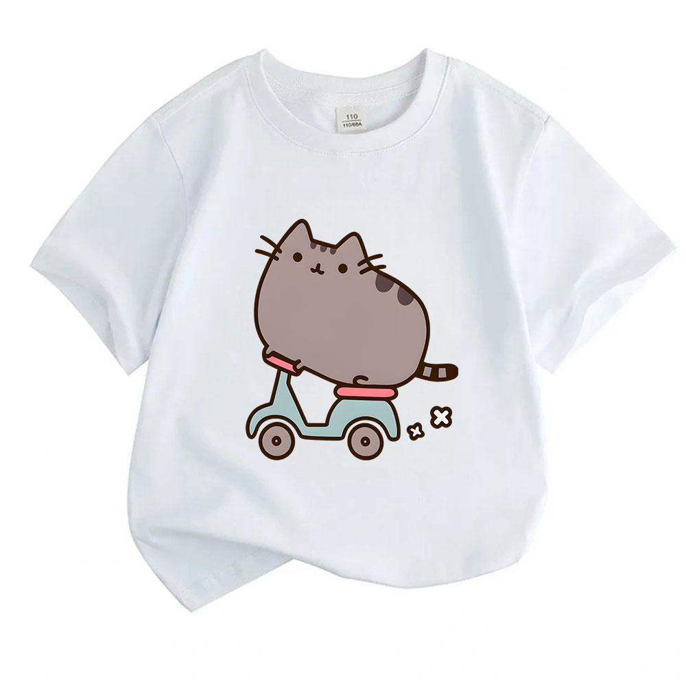 Cute Cartoon Cat Riding Scooter Print Kids 100% Cotton Crew Neck Short Sleeve T-Shirt, Unisex Boys Girls Casual Comfortable Lightweight Summer Basic T