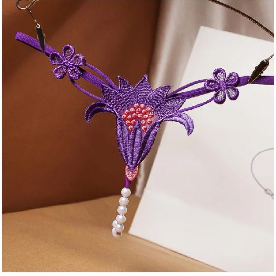Noua Broderie Floare Perla Chiloți Masaj Lenjerie Sexy Tanga Sex Femei Crotch Deschis
