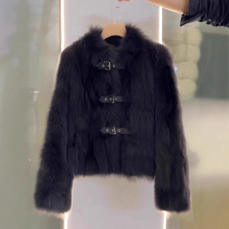 

Women s Faux Fur Cropped Jacket Fashion Metal Buckle Decor Warm Plush Short Coat S чорний
