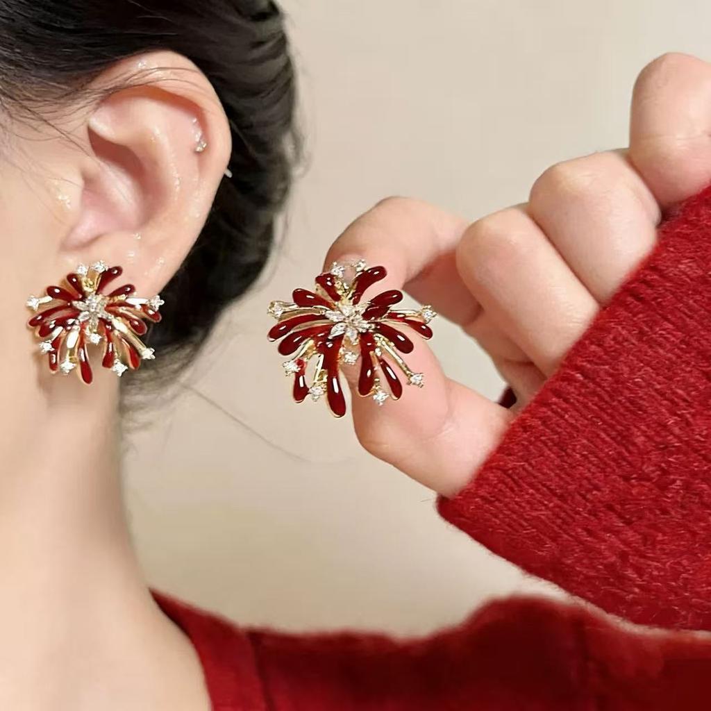 Burgundy Drop Glaze Zircon Fireworks Stud Earrings Women's New Popular Earrings Unique Niche Beautiful Earrings