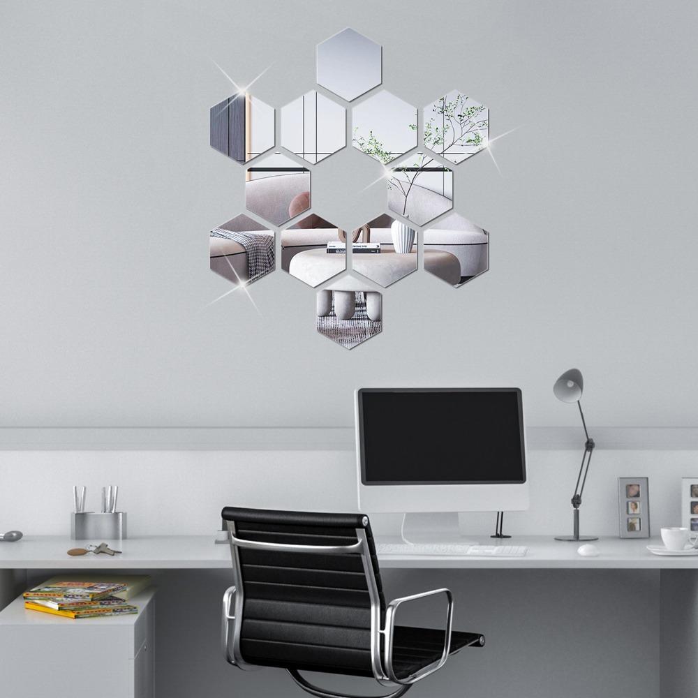 12pcs 3.15×2.76×1.57in Hexagon Mirror Wall Sticker Acrylic Self-adhesive Mirror Tile  Office