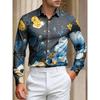 Men's Blue and Yellow Flower Printed Long Sleeve Shirt with Flip Collar Flower Shirt, Vacation Casual Trendy Men's Top