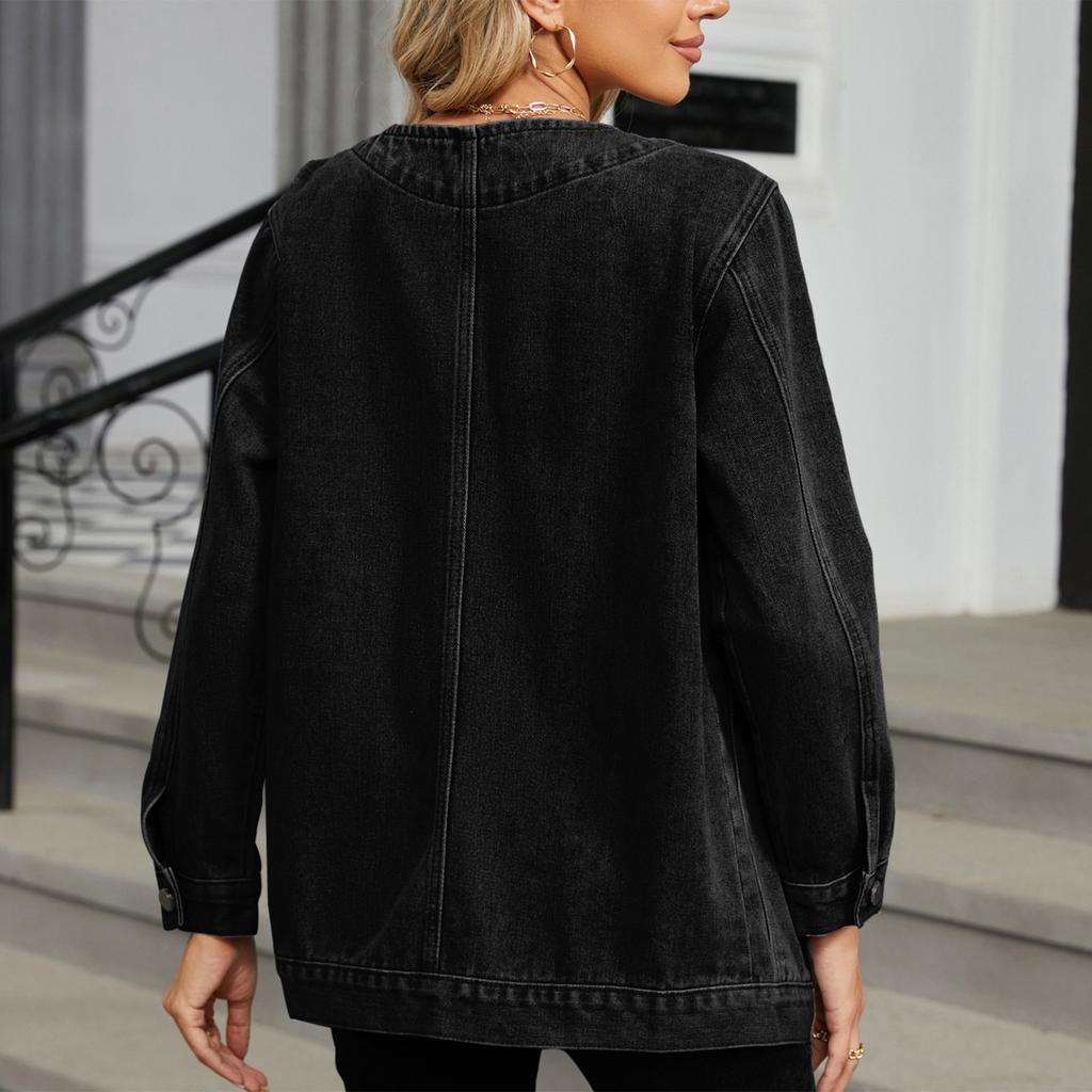 Women's Fashionable Versatile Classic Retro Solid Color V Neckl Long Sleeved Pocket Loose Denim Jacket