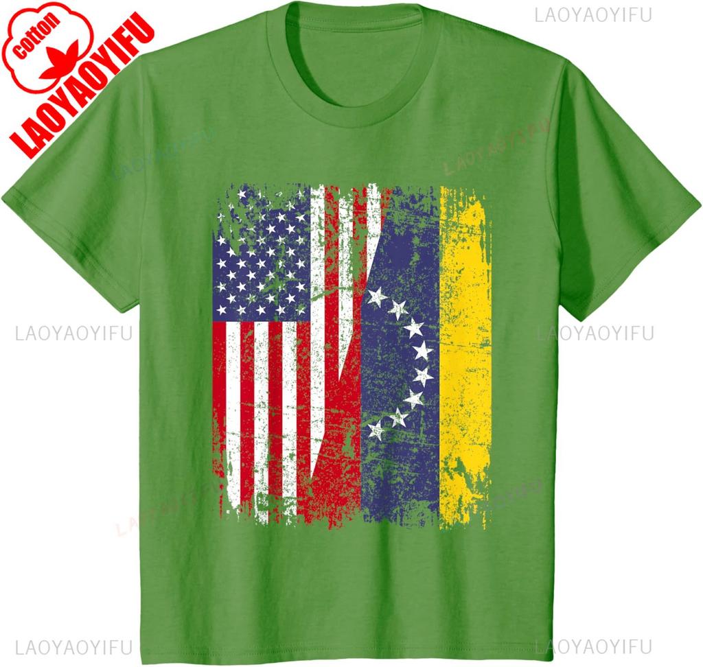 Venezuelan Roots Half American Flag Cotton TShirt Summer Casual Patriotic Gift Lightweight Breathable Trendy for Unisex WOMEN