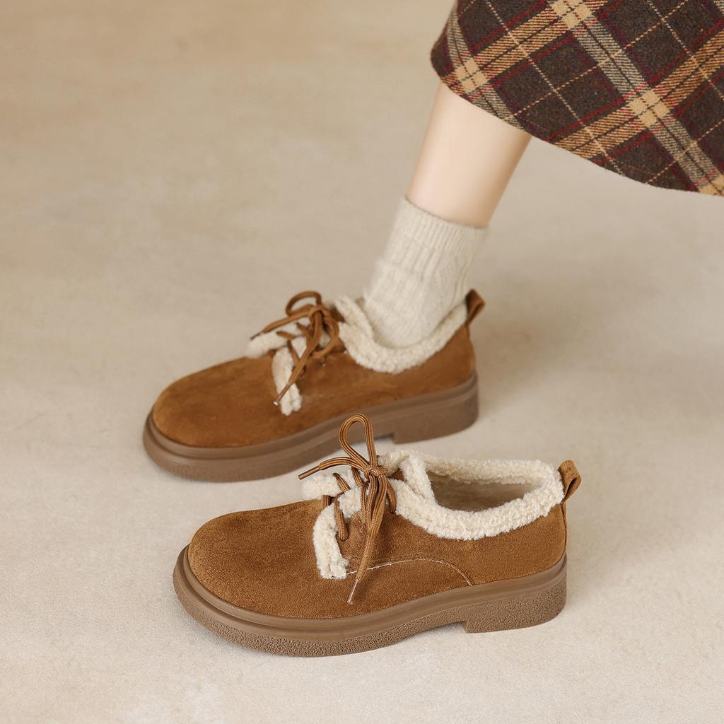 Thick-soled women's fleece retro single shoes lace-up winter warm cotton shoes