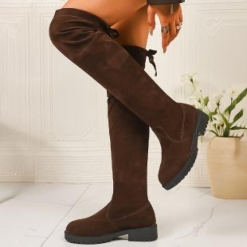 Women's Brown Suede Back-Lace Over-the-Knee Tall Boots – Autumn/Winter Chunky Platform Block Heel Rider Boots