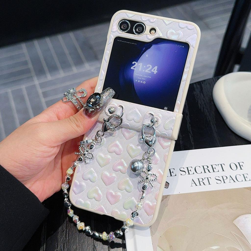 For Samsung Galaxy Z Flip7 FE 5G/Z Flip6 5G Case Bubble Heart Leather+PC Phone Cover with Beaded Strap