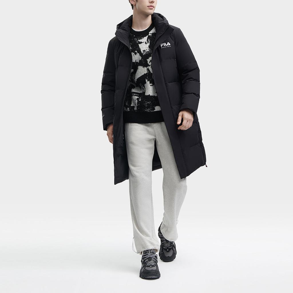 FILA Logo Printed Long Hooded Casual Down Jacket Men Outerwear Black F11M349907R-BK