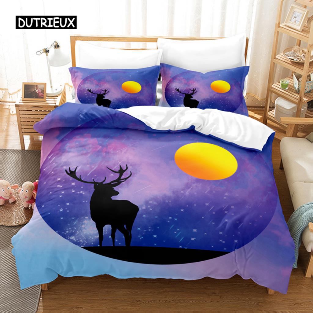 Deer Duvet Cover Set Wild Forest Animal Bedding Set Natural Bedclothes Kids Teens Double Queen King Size Polyester Quilt Cover
