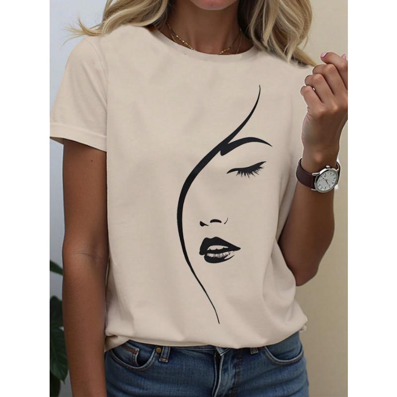 Summer Round Neck 3D Facial Depiction Pattern Print Top Fashionable Casual Short Sleeved Women's T-shirts