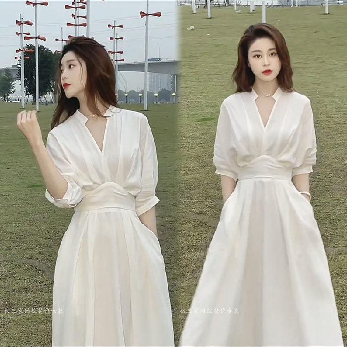 

Elegant V-neck Slim-fit Waist-cinching Mid-length Summer Shirt Dress for Women Large