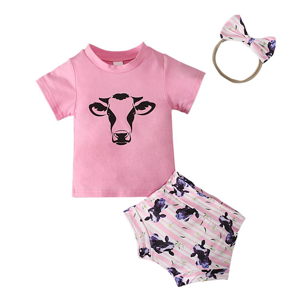 

Літня футболка з принтом корови з мультфільмом для немовлят + смугасті шорти + пов язка для волосся, 3 шт. Одяг, одяг для 0-24 місяців 100