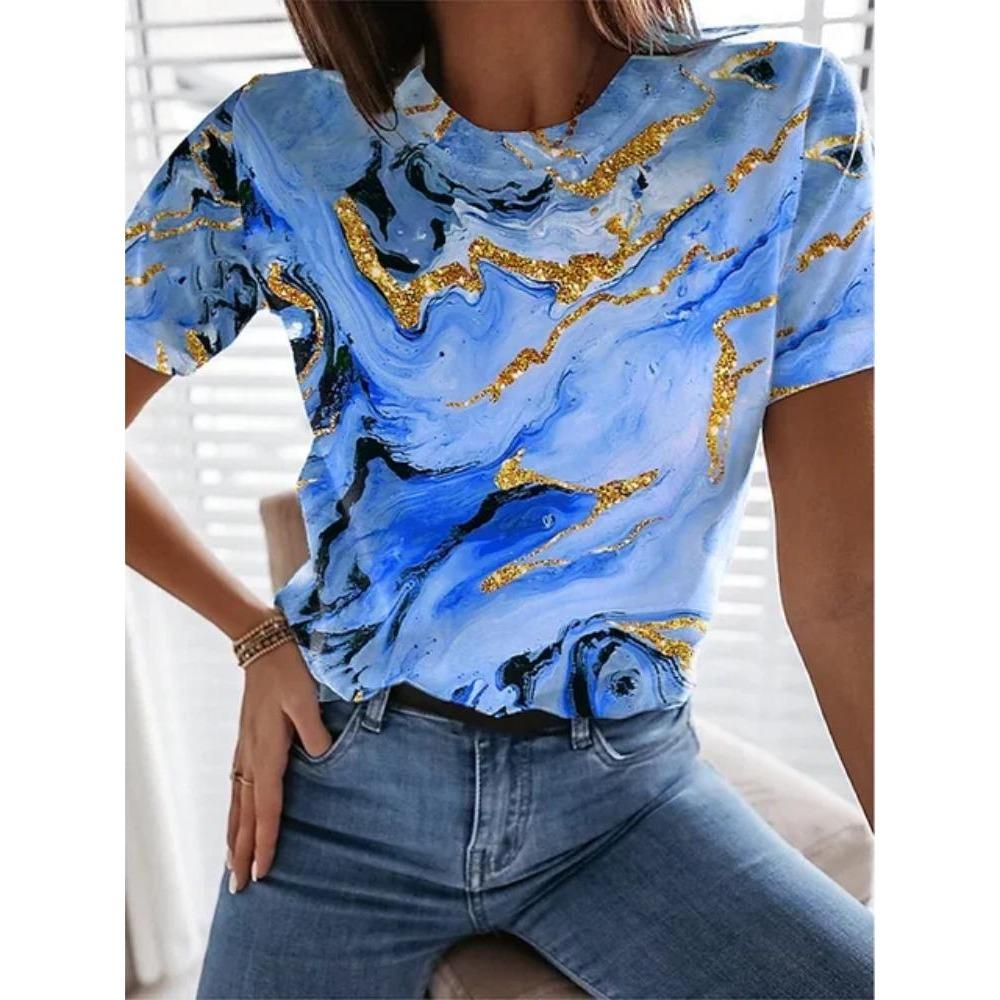 Summer new fashion 3D flower print women's round neck T-shirt short sleeved casual street T-shirt loose clothes women