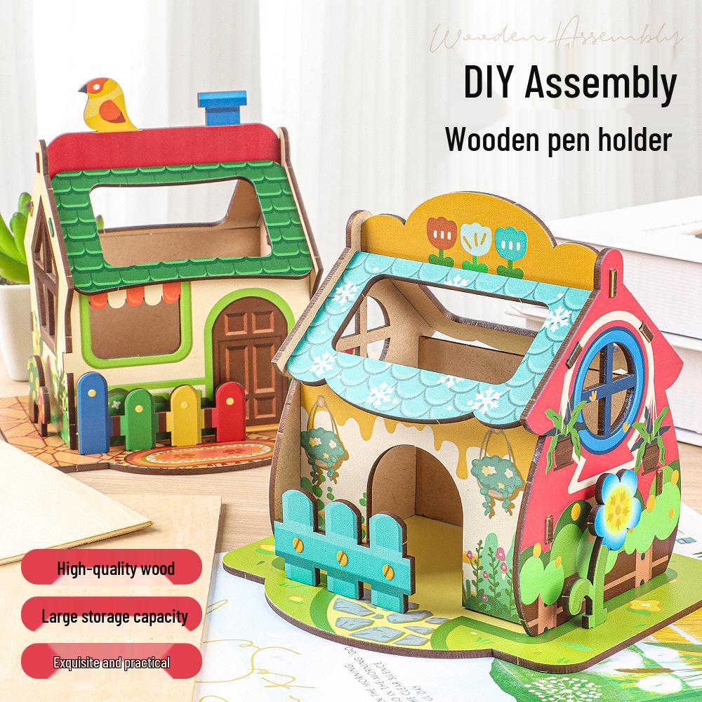 3D Cartoon Wooden House Puzzle & Pen Holder - DIY Desk Storage Gift