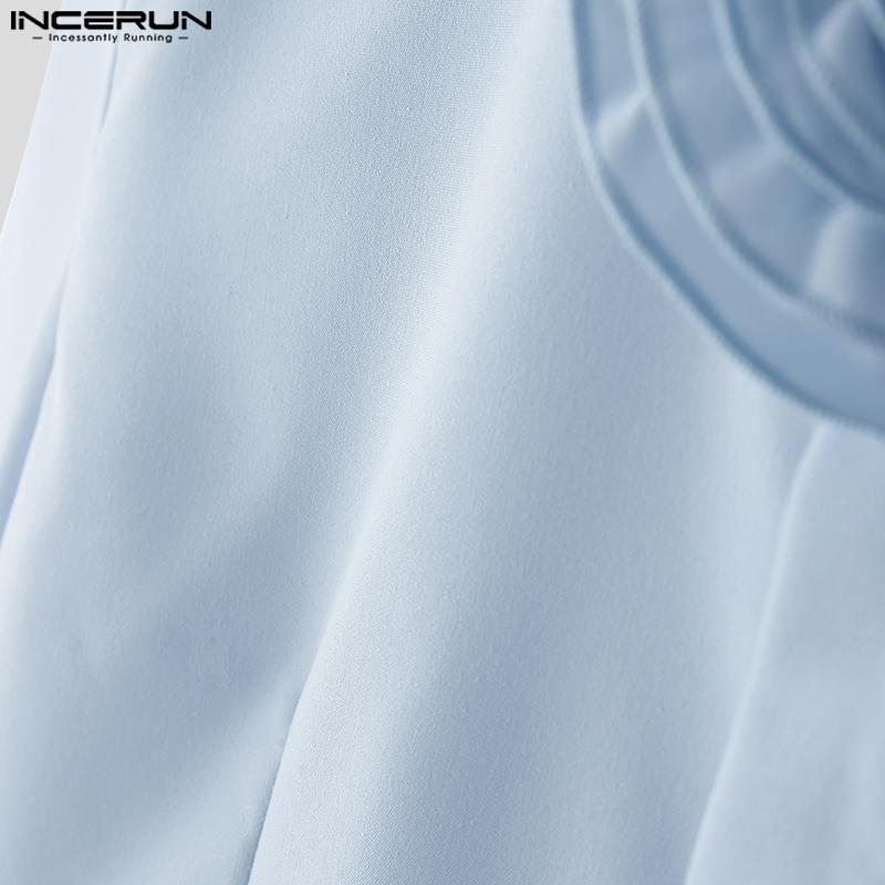 INCERUN Men Cropped Shirts Casual Loose Flower Tie Neck Short Tops