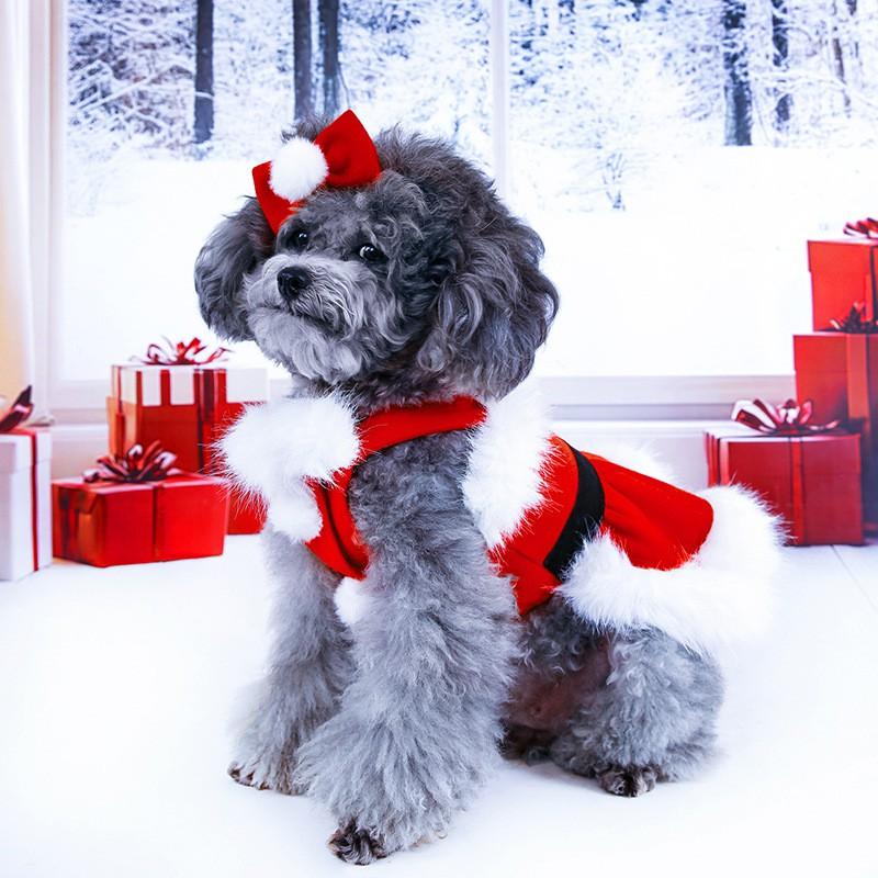 Christmas Santa Dog Dress With Headband Princess Style Pet Outfit Holiday Season