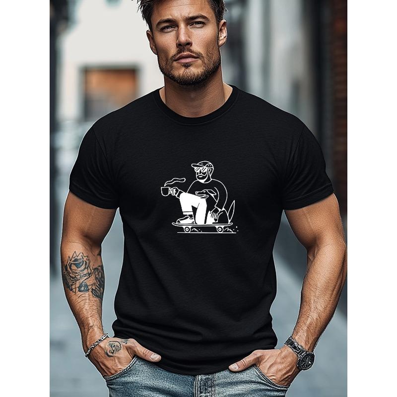 European Sizes Men's T-shirt, Simple and Stylish, Relaxed and Casual, with Araphic of a for Man On a Skateboard and a Dog Drinking Coffee
