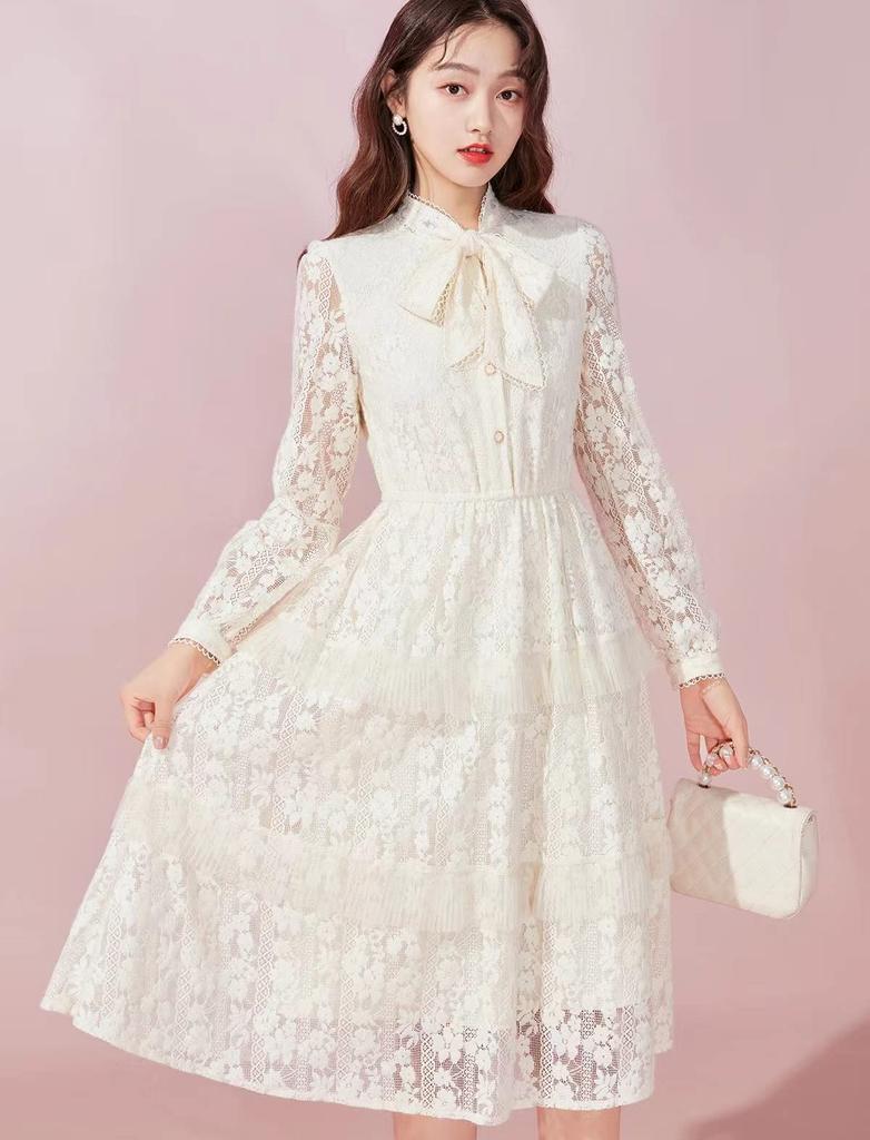TRENDOUX Long Ribbon Maxi Wedding Lace Fashionable Women's Dress, Tunic, Length, Dress, Dress, Spring, Summer, Fall,