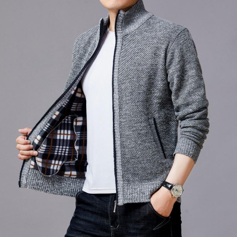 Mens Stand Collar Fleece Lined Solid Loose Knit Zip Up Long Sleeve Sweater Cardigan Coat
