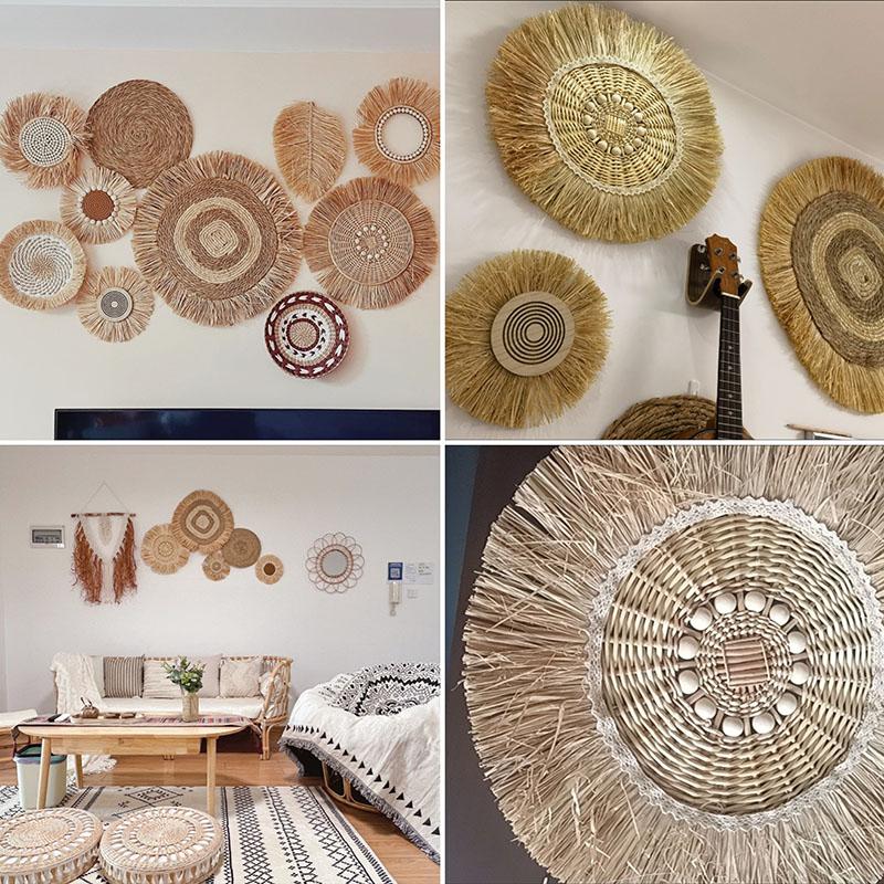 Natural Raffia Woven Bohemian Wall Decoration Round Wall Accents Handmade Scandinavian Hanging Decoration Boho Home Decor