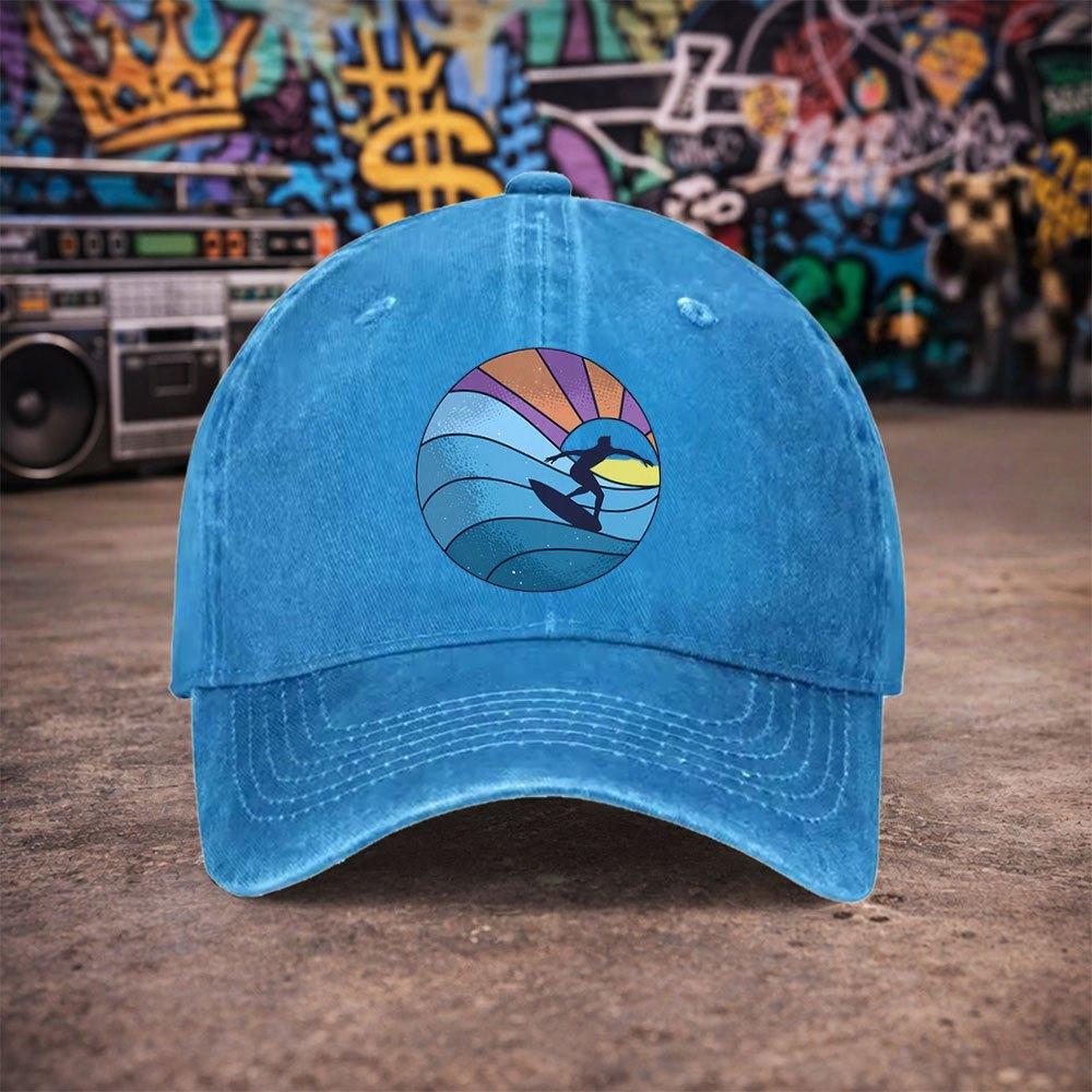 pc Unisex Surfer Sunset Pattern Vintage Washed Baseball Cap UnisexS Trendy Hat Versatile Duck Tongue Hat Fun Print A Uniq