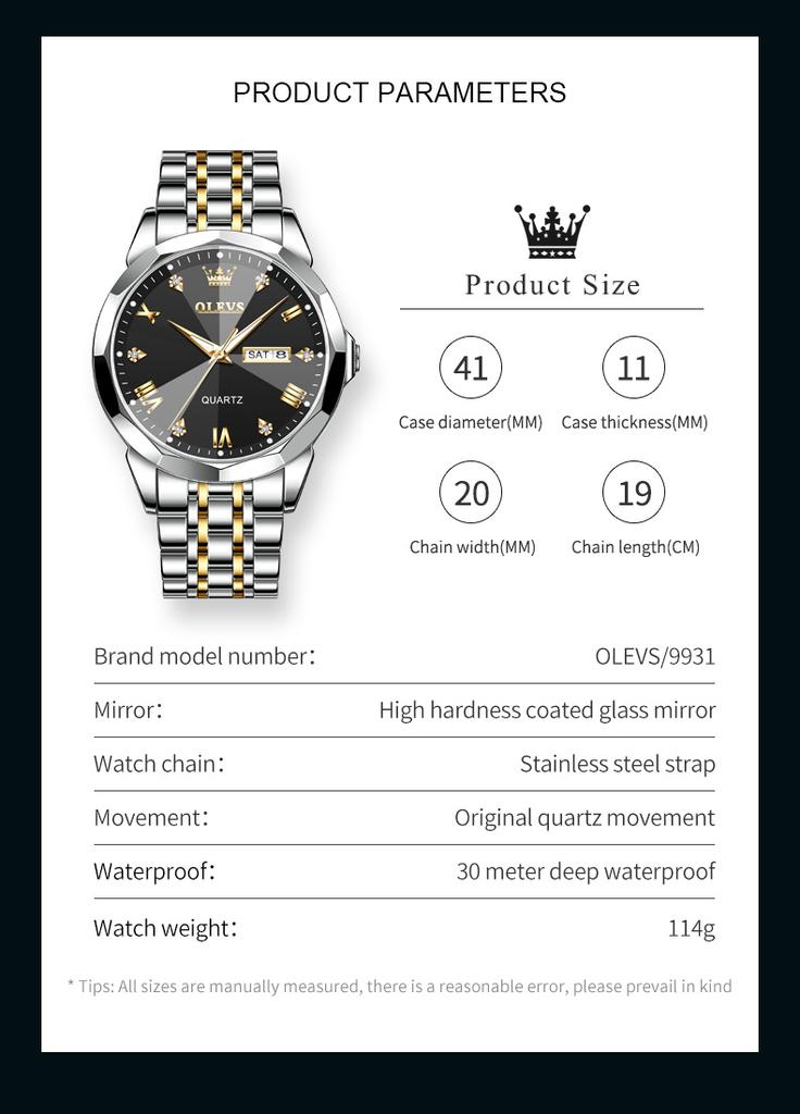 OLEVS 9931 Quartz Watch for Men Solid Stainless Steel Strap Rhombus Design Fashion Business Wristwatch Men's Waterproof Watches