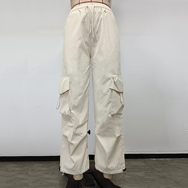 Women's Straight Leg Cargo Nine-point Pants Elastic Elastic High-waisted Casual Pants