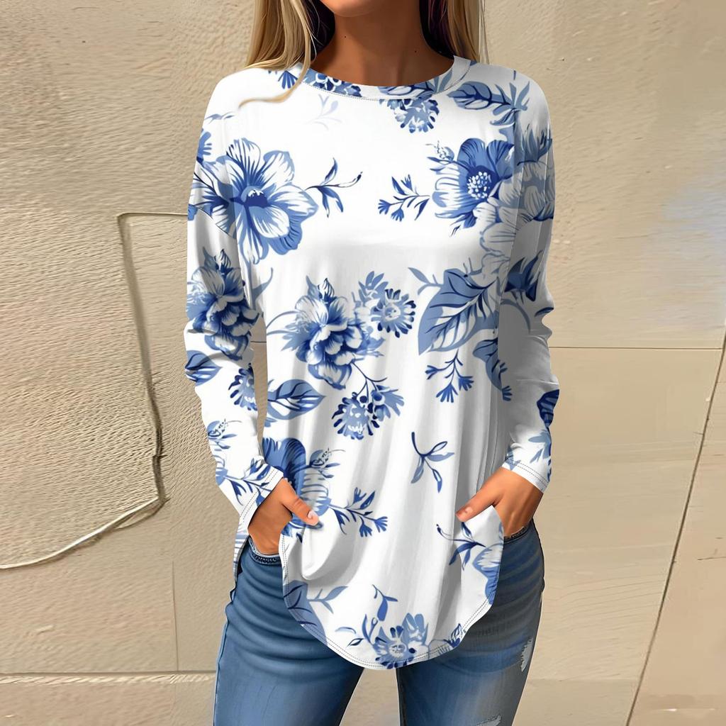 Women's Fashion Casual Round Neck Floral Long Sleeve T-shirt Pullover Long Sleeve Top
