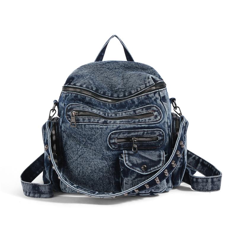 Vintage Denim Backpack Rivet Shoulder Bag Student Schoolbag Class Commuter Backpack светло-синий
