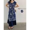 South Korea Dongdaemun Summer New Style Round Neck Retro Print Ruffled Short Sleeves Mid Length Long Length Dress Dress
