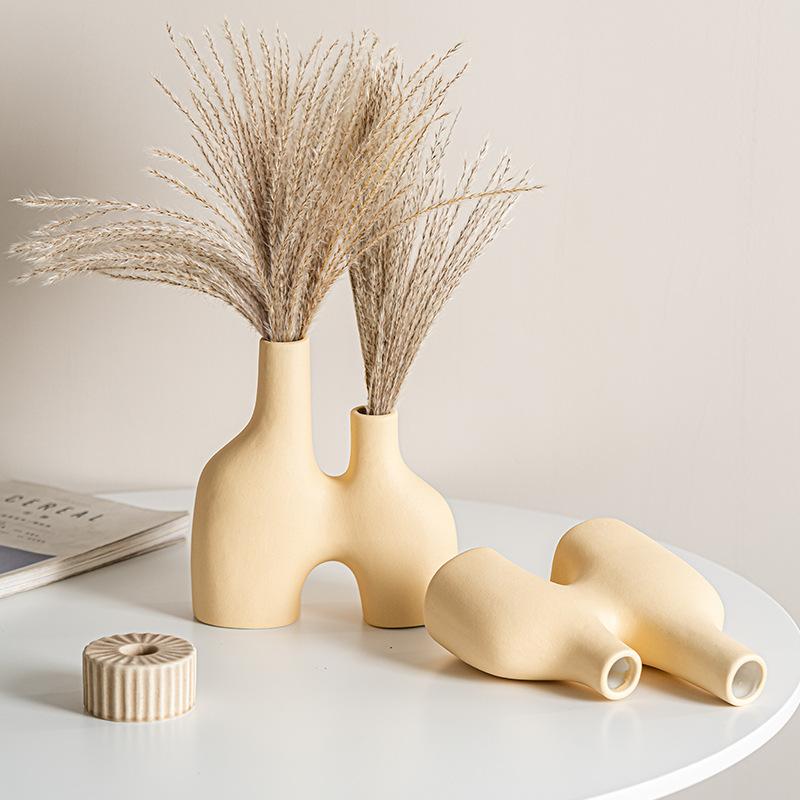 Promotional Simple Double-Port Flower Arrangement Creative Ceramic Vase Small Fresh Home Living Room Decoration Ornament