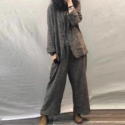Spring Autumn Women's Retro Style Leisure Suit with Long Sleeves Loose Two-piece Set Jacket + Trousers 2 Pieces Set