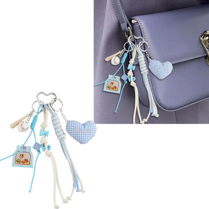 Cute Bag Charm Pendant Keyring Heart Beaded Braided Rope Keychain Bag Charm for Backpack Purse Handbag Decorations