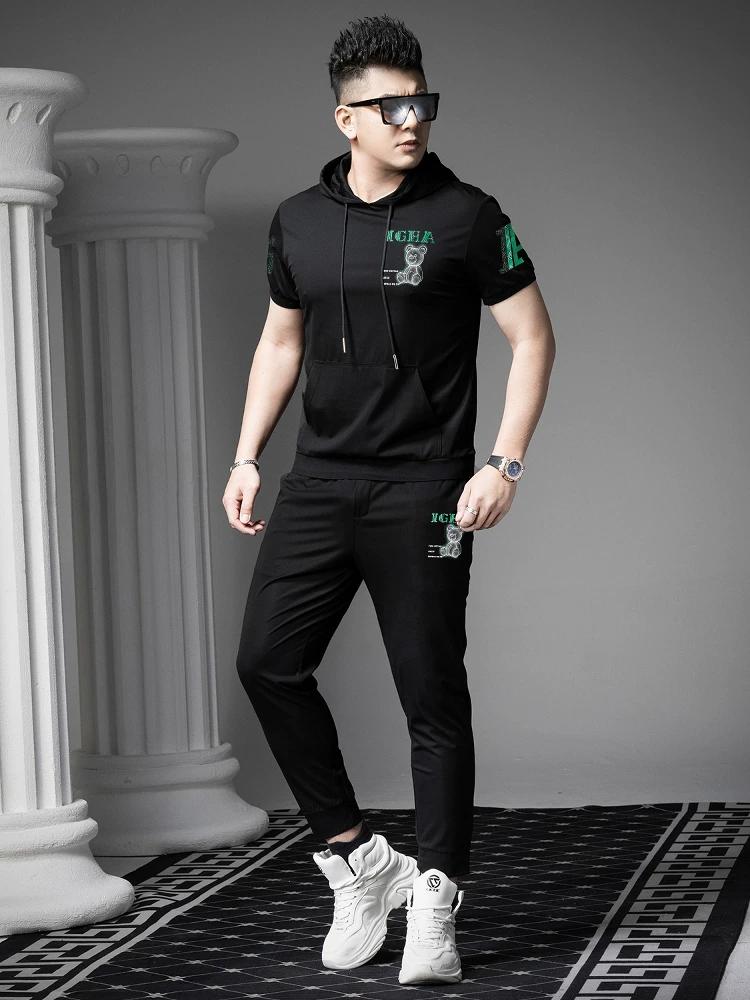 European Style High-End Men's Short-Sleeve T-Shirt 2025 Summer New Trendy Bear Print Hooded Half-Sleeve Sweatshirt