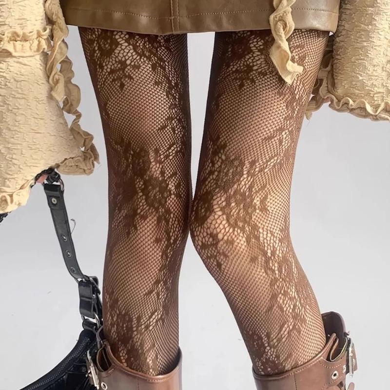 Korean INS Hollowed Lace Mesh Stockings Women Pantyhose Hot Tights Japanese Lolita Retro Floral Rattan Black White Long Socks