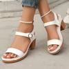 Fashion One Strap White Thick Heel Sandals for Women Lightweight Pu Leather Ankle Buckle Sandles Woman Plus Size Summer Sandalias Mujer