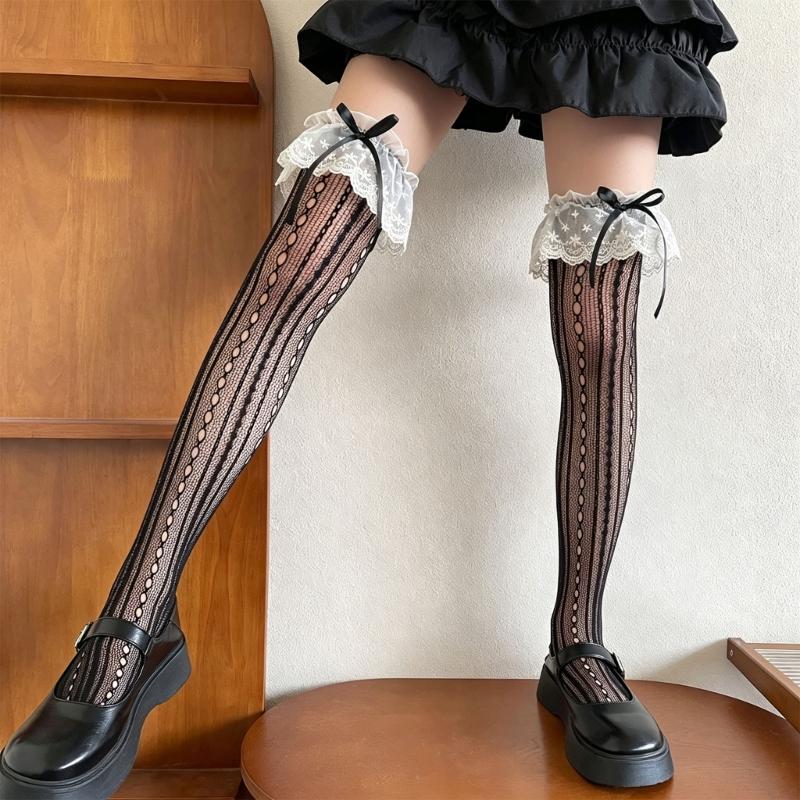 Fishnet Over The Knee Socks With Ruffle Lace Edging And Ribbon Bows Accent Aesthetic Thigh High Stockings For Women