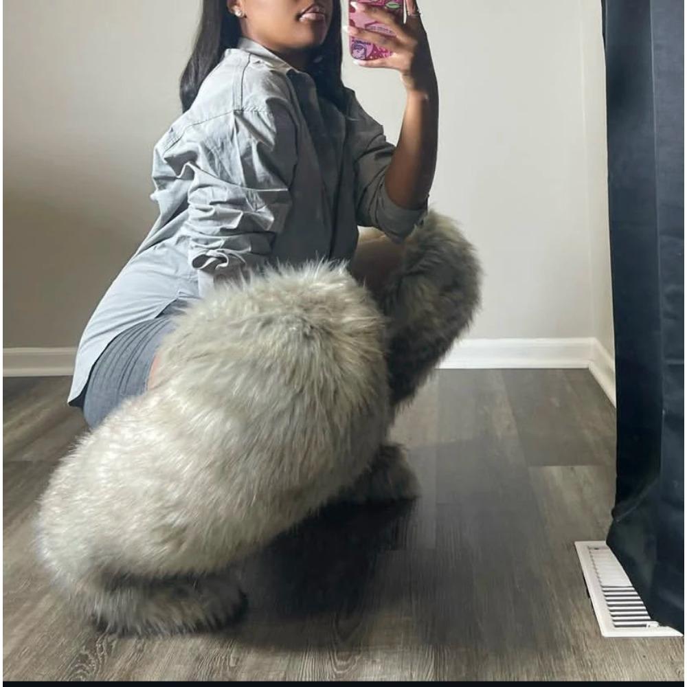 Thigh High Fluffy Boots Ladies Women Winter Furry Faux Fox Fur Long Warm Shoes Girls New Designer Plush Knee High Fur Boots