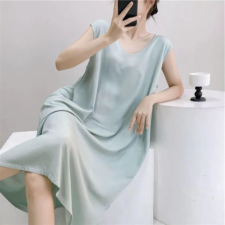 Large Size Loose Long Nightgown Simple Lazy Style Printed Sleeveless Tank Dress Sexy V-Neck V-Back Home Clothes Loungewear