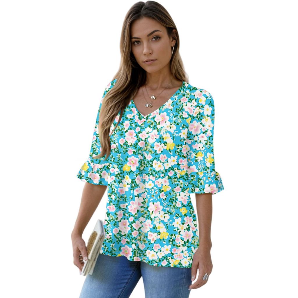 Women's Casual 3/4 Sleeve Tops V-Neck Sleeve T-Shirt Floral Print Tops