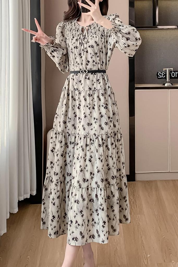 Floral Chiffon Long with Stylish and Elegant for Spring and Autumn [Chubikime] Women's Dress, A-Line, Flared, Belt,