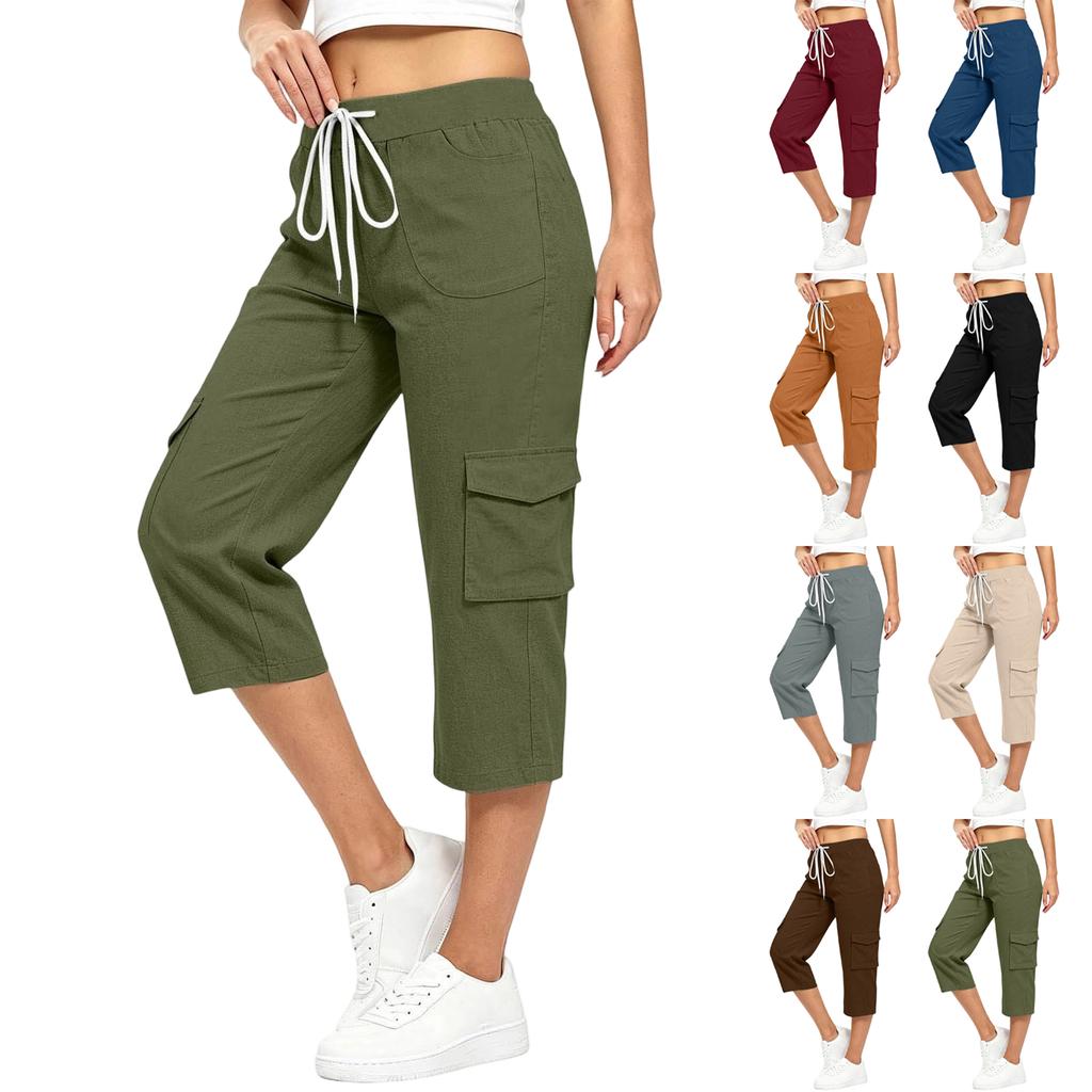Women Casual Loose Fit Cargo Pants Mid Calf Length Drawstring Waist Elastic Band Pocket Design Comfortable Workwear