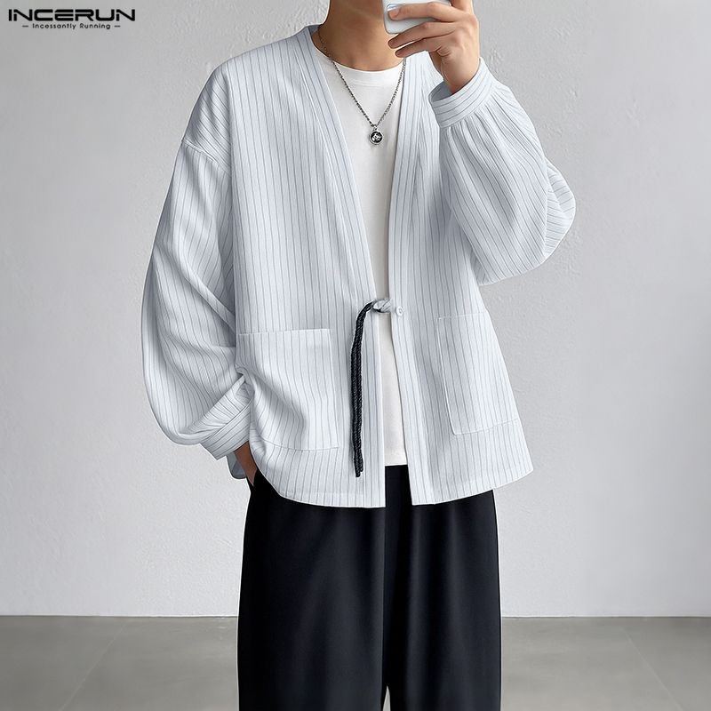 INCERUN S-5XL Men Long Sleeve Striped Open Front Cardigan Kimono Tops
