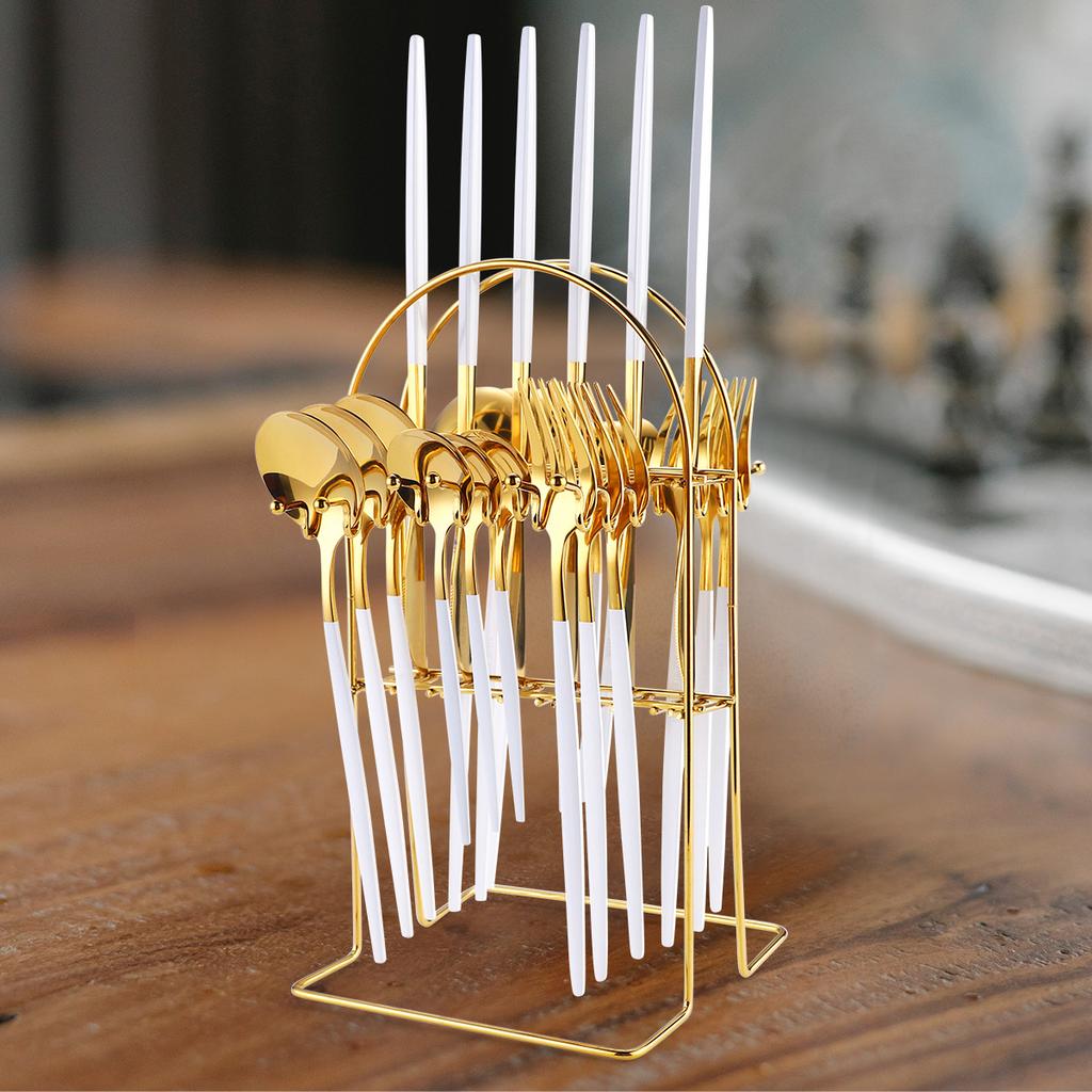 Stainless Steel Tableware Set with 24 Knives Forks and Spoons Home Storage Rack for Western Style Steak