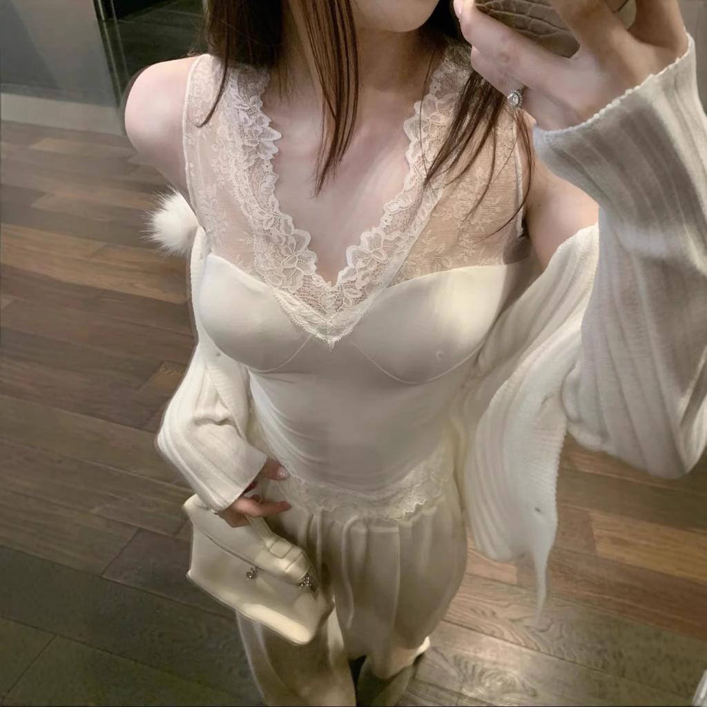 Lace Back Vest Women's French Style Exterior Sexy V-neck Slimming Base Shirt