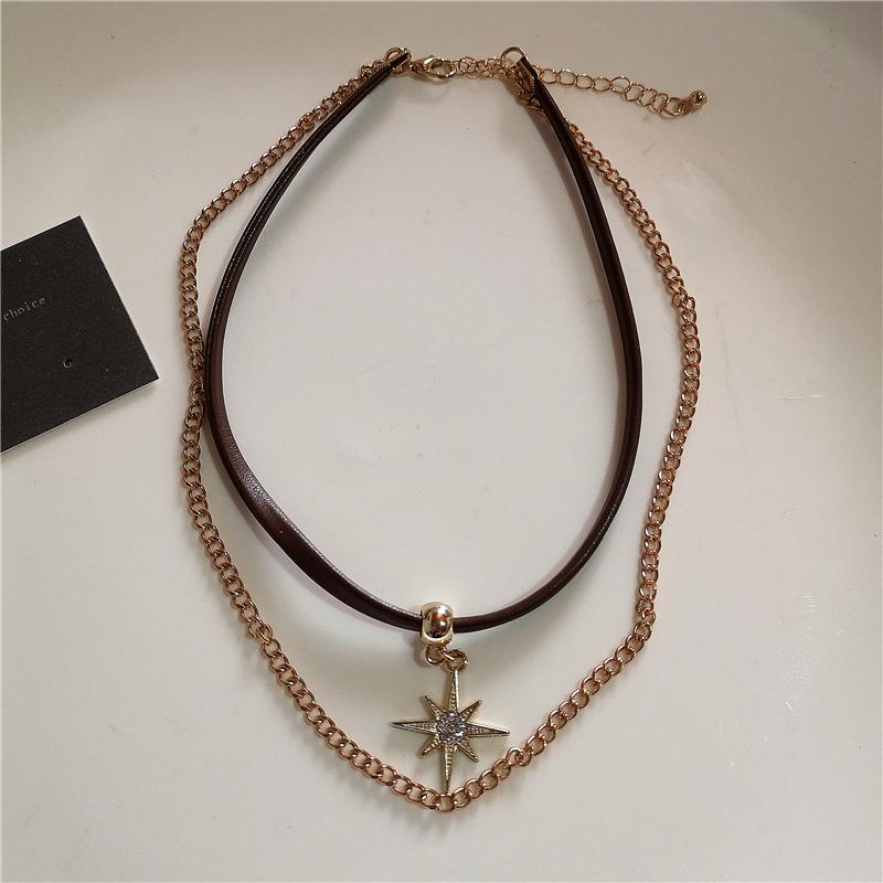 Vintage Leather Brown Stone Sun Pendant Beaded Choker Clavicle Chain Necklace For Women Unique Personalized Grunge Jewelry