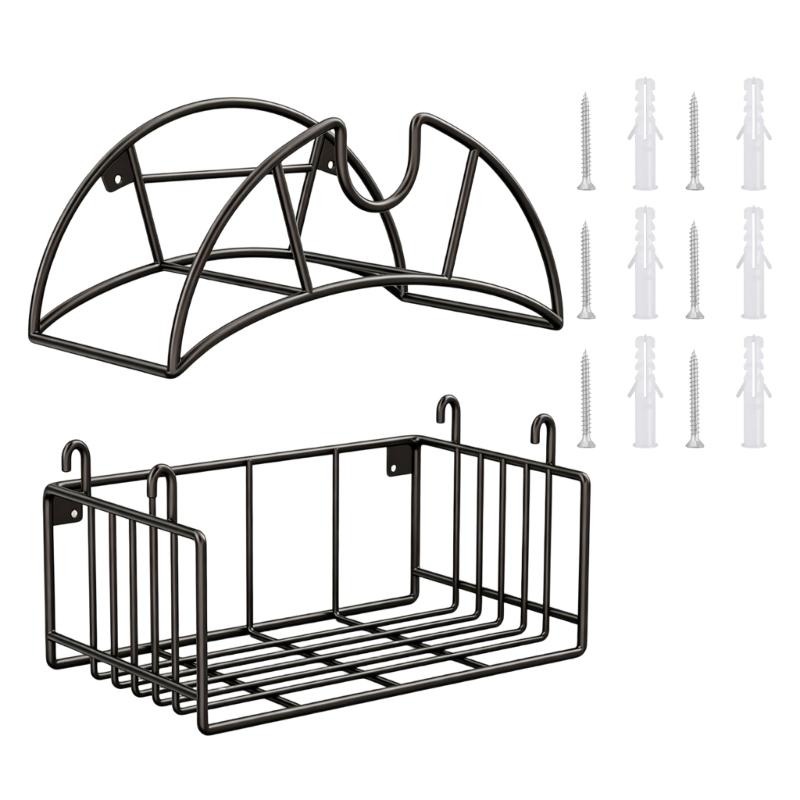 Hose Holder Wall Mount with Basket, Metal Hose Storage Rack for Fence Garden or Garage Wall, Simple Wall Storage Solution for Home Watering